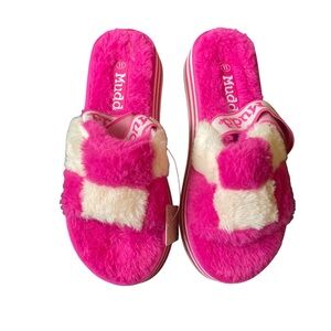 Mudd Stormy Fuchsia/White Fuzzy Elastic Slingback Slides Platform Slippers Sz 11